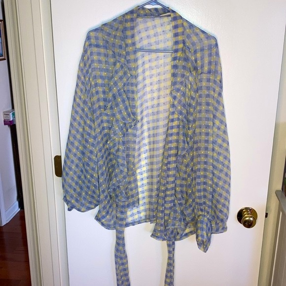 Free People Picnic Plaid, Tie front, Blue and Yellow Kimono, One Size - Picture 8 of 10